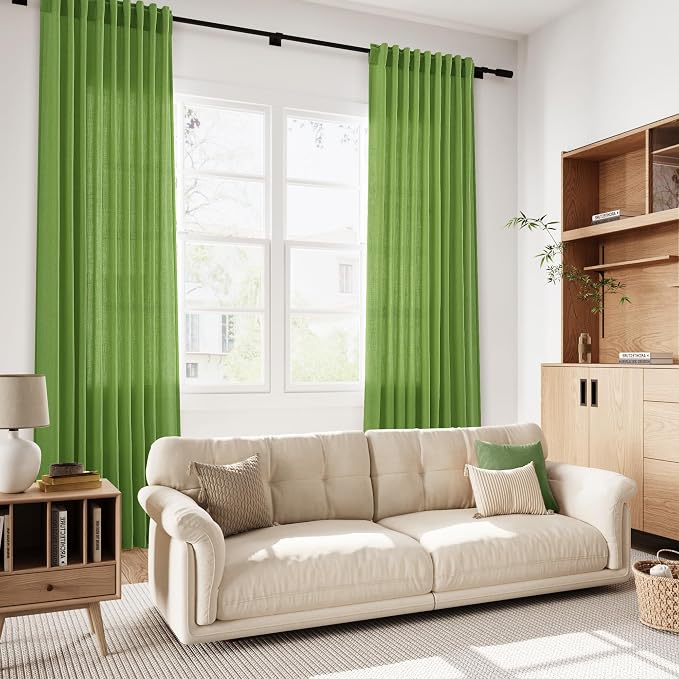 Extra Long Curtain Lime Green Morden Linen Blend Light Filtering Back Tab - Image 7