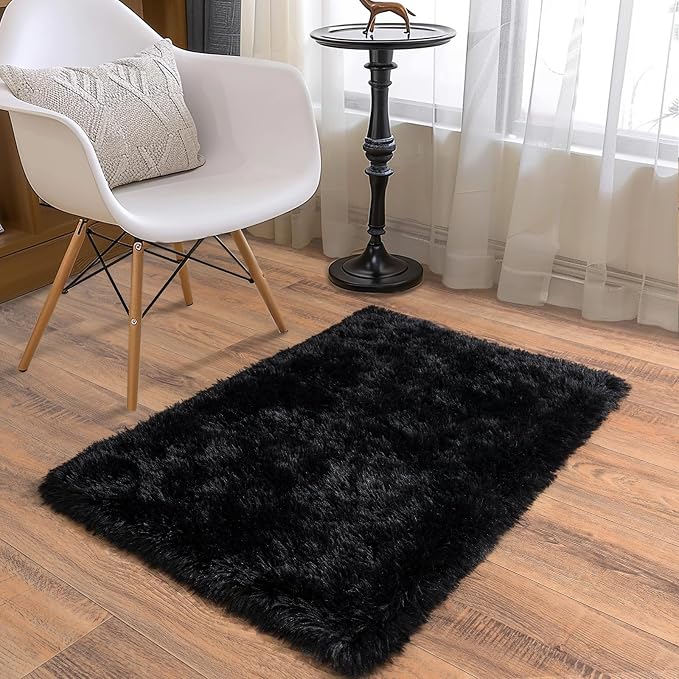 Soft Runner Rugs for Bedroom Hallways, 2x3 Black Fluffy Shag Throw Area Rug Non - Image 2
