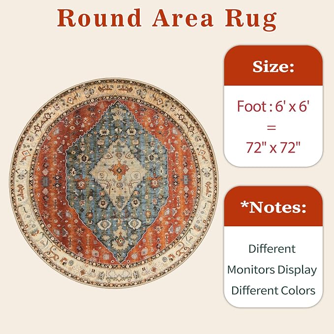 SERISSA Boho Round Area Rug, 6ft Washable Non-Slip Circle Rug, Ultra Soft - Image 6