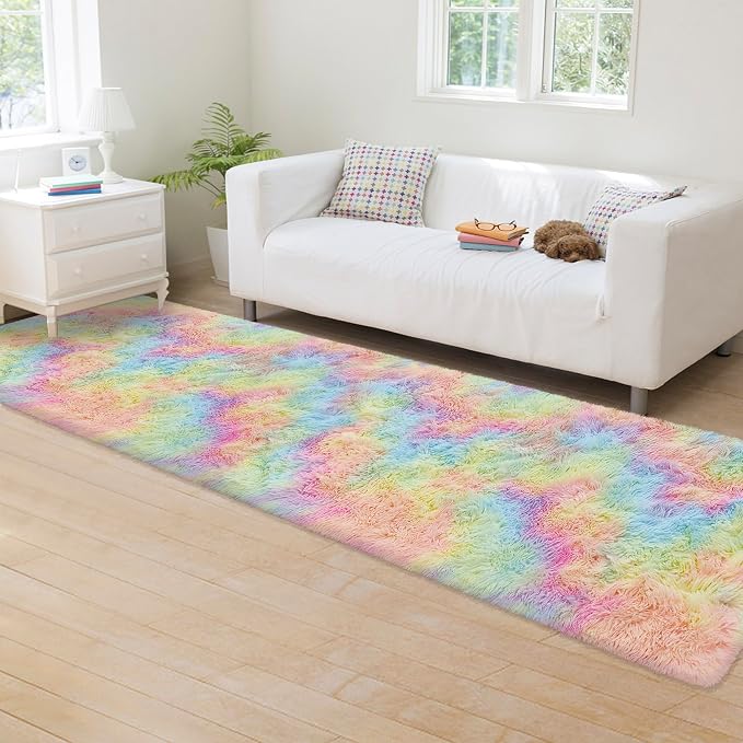 Fluffy Rainbow Rug for Girls Bedroom 2x8 Feet Kawaii Tie Dye Area Rug Colorful - Image 3