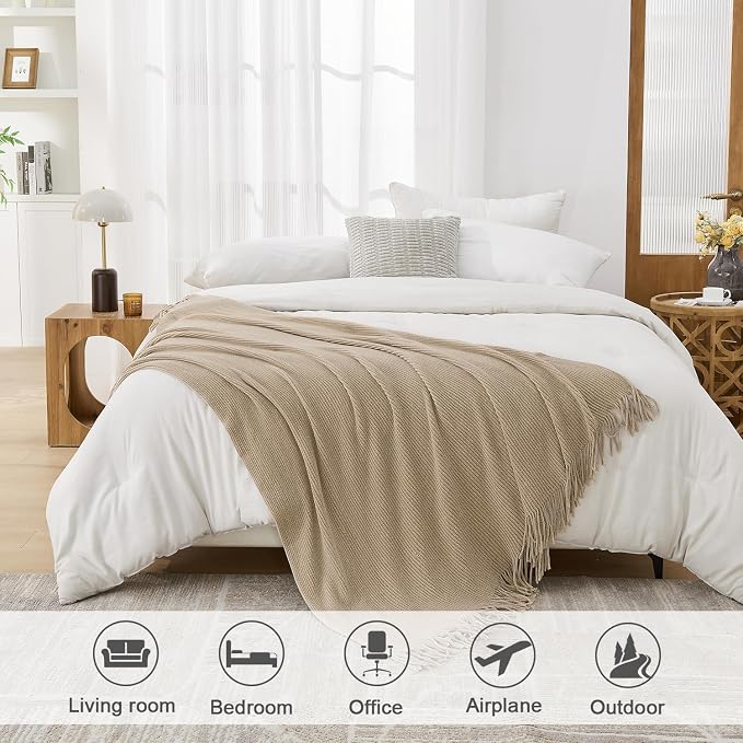 lifein Throw Blanket for Couch, Soft Boho Decor Bed Throw, Cozy Beige Knitted - Image 3