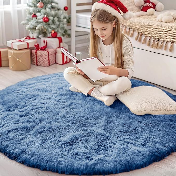 OLANLY Blue Round Rugs for Bedroom by OLANLY