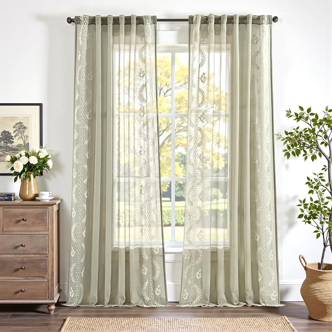 jinchan Belrose Sage Green Floral Sheer Curtains - Image 2