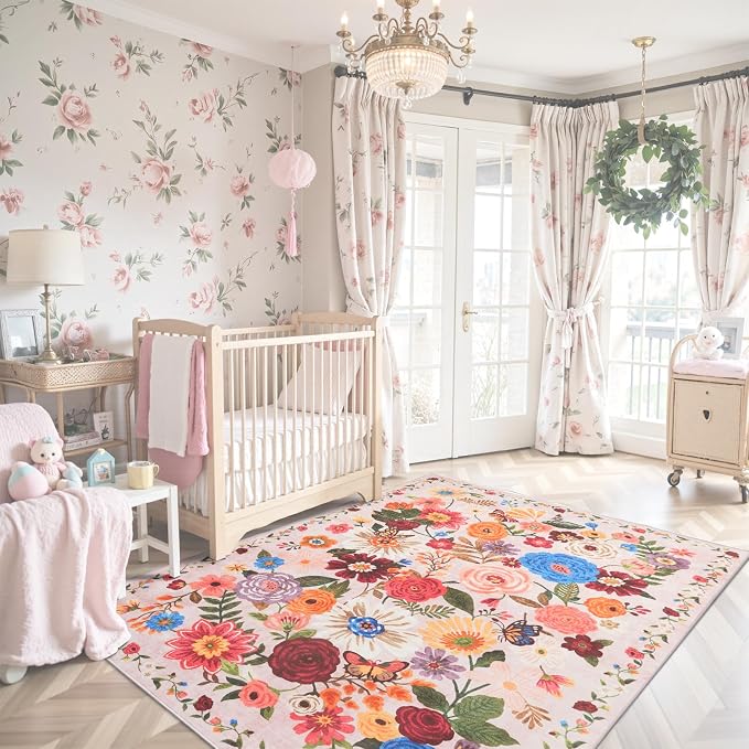 Pink Area Rug 4x6 Rug Washable Boho Rugs Non Slip Low Pile Floral Small Carpet - Image 5