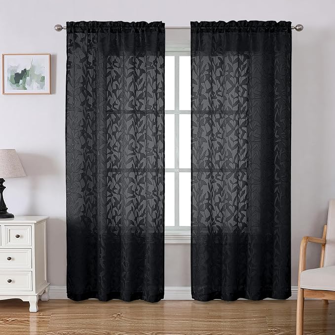 Lecloud Leia Black Sheer Curtains 72 Inches Long 2 Panels, Jacquard Leaf by Lecloud