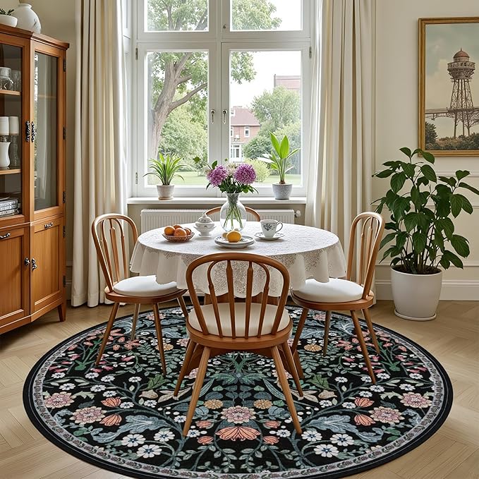 Round Area Rug for Living Room: 4 ft Floral Washable Circle Rug Soft Boho - Image 4