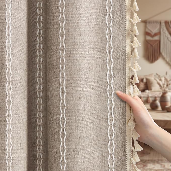 Boho Blackout Curtains 90 Inches Long Brown Linen Blend 2 Panels - Image 2