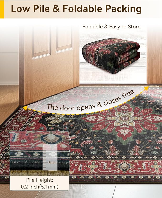 Area Rugs Round 8ft Washable Non-Slip, Floral Vintage Distress Print Pattern - Image 3