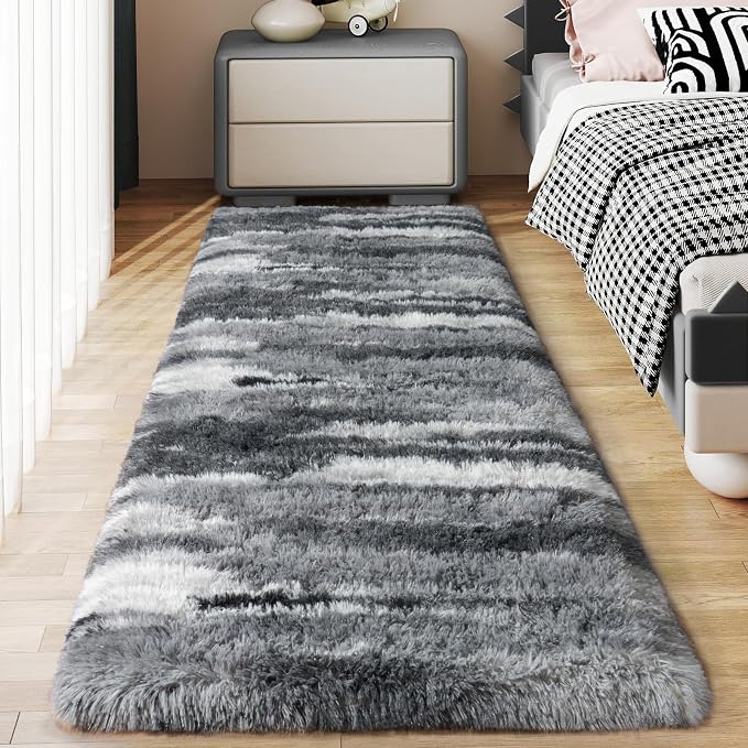 Soft Runner Rugs for Bedroom Hallways, 2x5 Abstract Grey Fluffy Shag Throw Area by Ailyei