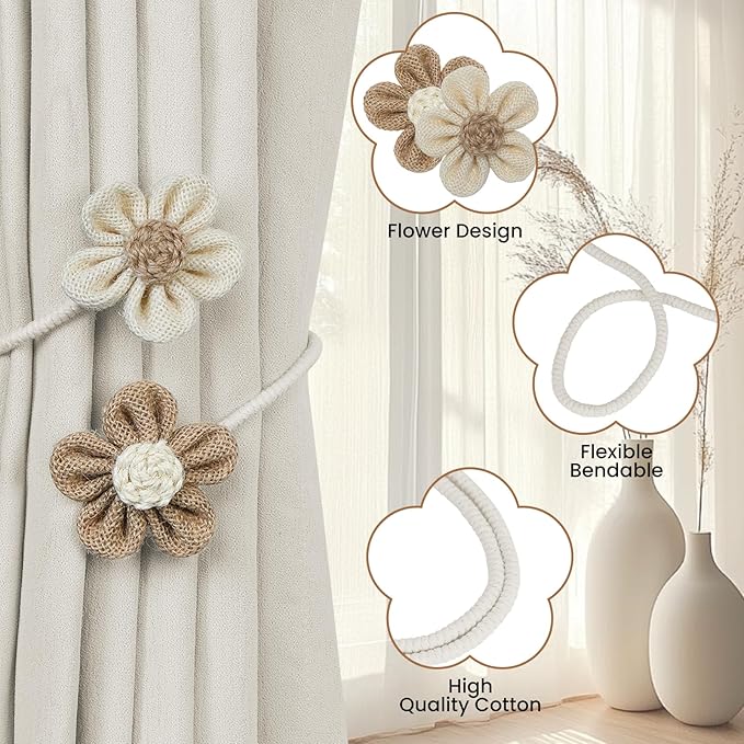 KLOGTSIND Flower Curtain Tiebacks, 6 Pack Boho Curtain Ties Elegant DIY Curtain - Image 4