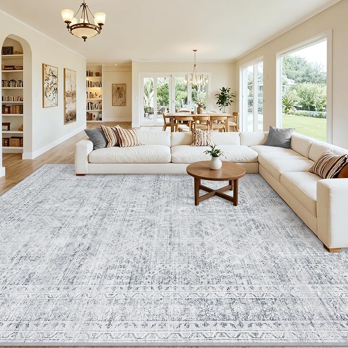 10x12 Area Rugs Living Room: Bedroom Neutral Washable Carpet Gray | Vintage by Luxturiy