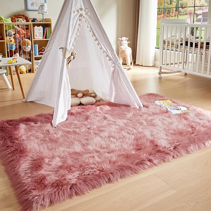 AMTOVO Faux Fur Sheepskin Rug for Living Room, 4 x 6 ft Blush Pink Fluffy Area - Image 6