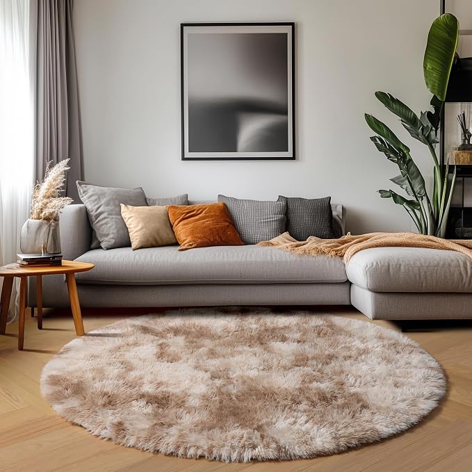 ONASAR Tie-Dye Beige Round Area Rugs 5ft, Soft Bedroom Circle Rug Floor Mats - Image 5