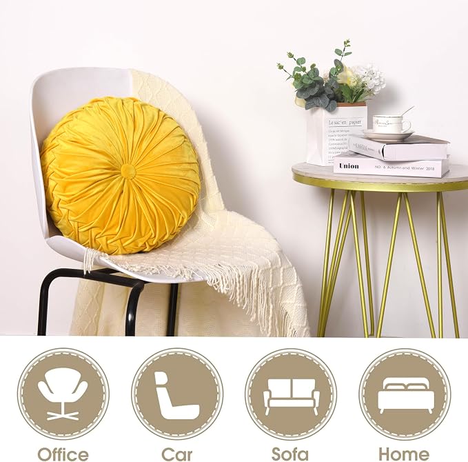 HIG Set of 2 Yellow Ruched Velvet Round Throw Pillows – 14.5’’ Decorative - Image 4
