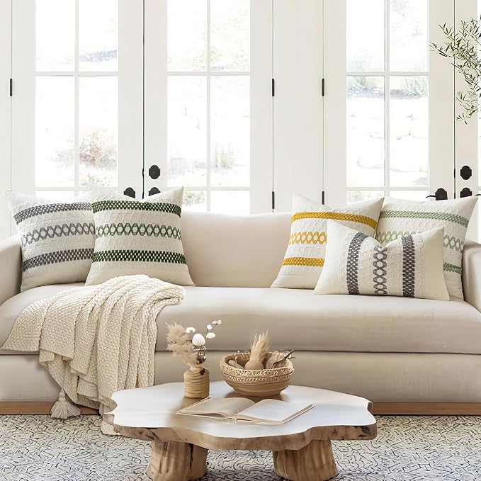 MIULEE Set of 2 Moss Green Boho Decorative Pillow Covers 18x18 Inch Farmhouse - Image 2