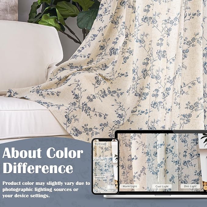 Lazzzy Blue Floral Linen Curtains 90 Inch Farmhouse Back Tab Drapes - Image 6