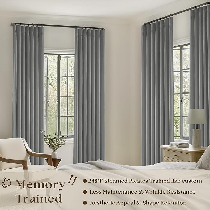 Dark Grey Pinch Pleated Linen Blackout Curtains 90 Inches Long - Image 2