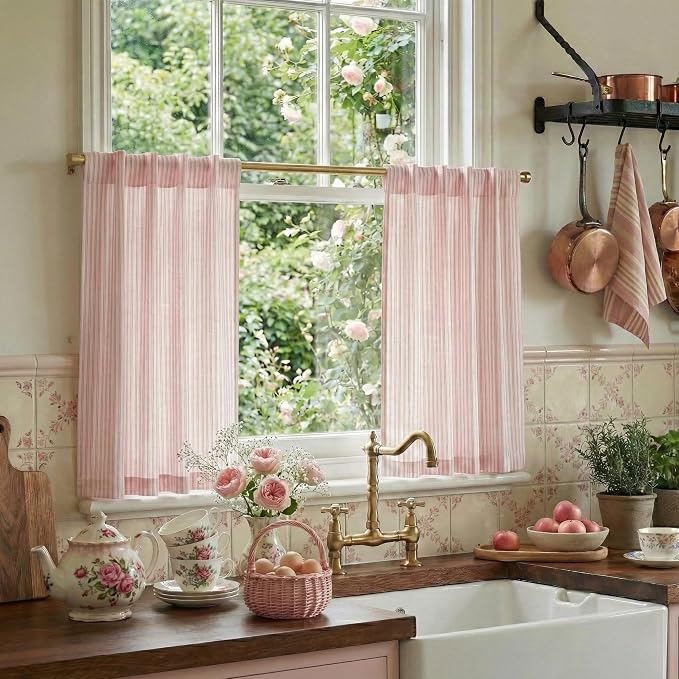 RYB HOME Linen Cafe Curtains 24 inch Length, Kitchen Farmhouse Striped Tier by RYBHOME