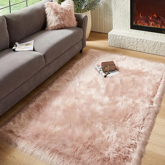 AMTOVO Faux Fur Sheepskin Rug for Living Room, 4 x 6 ft Pink Fluffy Area Rug by AMTOVO