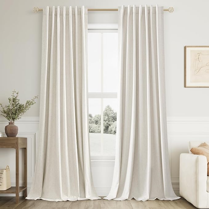 Cream 100% Blackout Linen Curtains 100 Inch Length 2 Panels Set by Guken