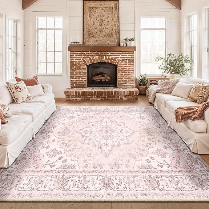 Area Rugs 10'x12' Washable Non-Slip, Floral Vintage Distress Print Pattern by RELEANY