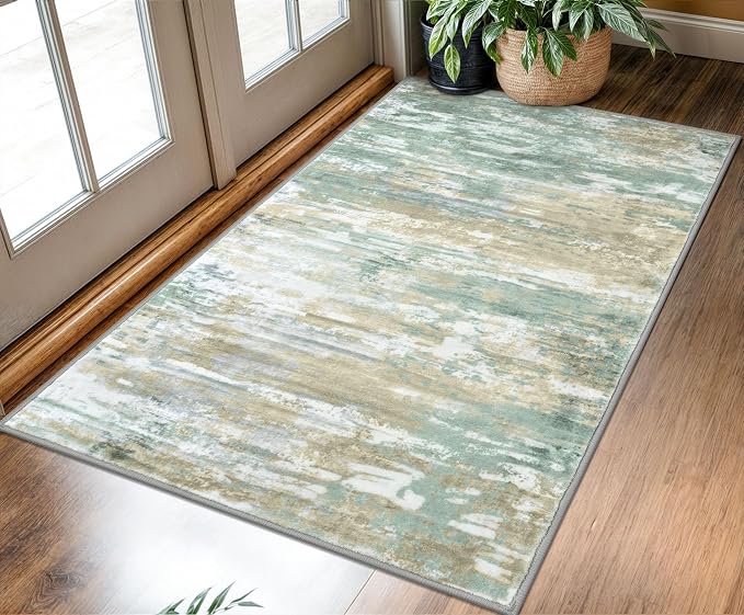 KOZYFLY Modern Abstract 3x5 Area Rug Washable Bedroom Rug Light Green Yellow by KOZYFLY