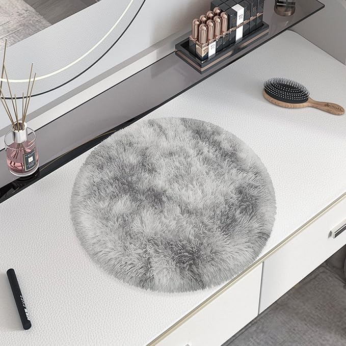 Tie Dye Grey Round Rugs Small 2x2 ft Fluffy Circle Rug Furry Carpet Shaggy - Image 3