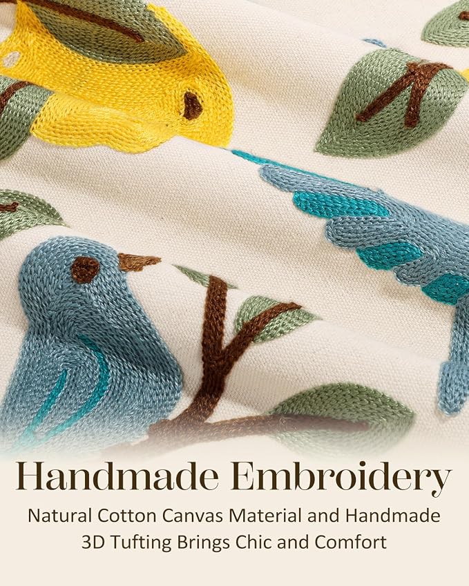 Embroidered Throw Pillow Cover 20x20 Inch, Bird Lemon | Decorative Pillow Cover - Image 2