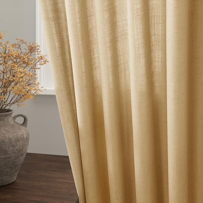 Gold Yellow Linen Curtains 102 Inches Long Rod Pocket Back Tab Drapes 2 Panels - Image 4