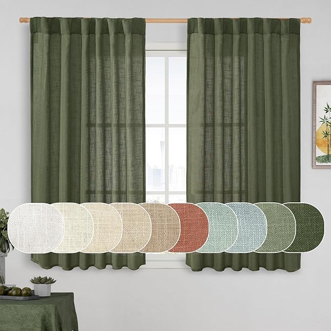 LAMIT Olive Green Linen Semi Sheer Curtains 45 Inch by LAMIT