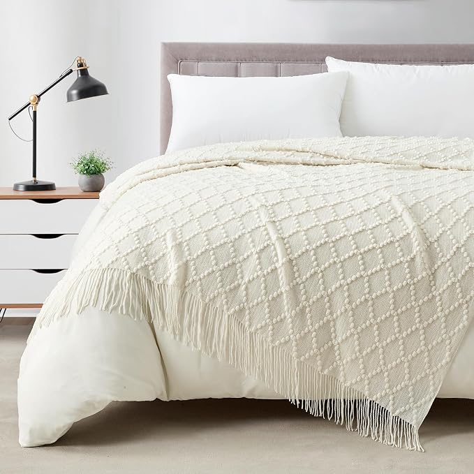BOURINA White Throw Blanket 50 x70 Inches Jacquard Argyle Throw Textured Solid by BOURINA