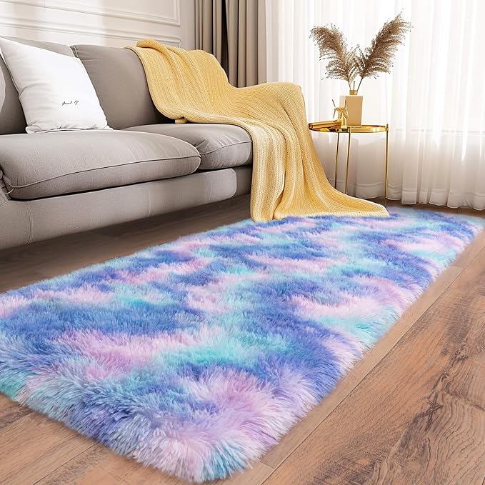Soft Runner Rugs for Bedroom Hallways, 2x6 Purple Rainbow Fluffy Shag Throw - Image 3