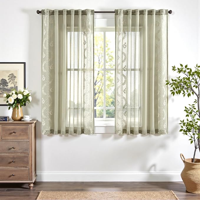 jinchan Belrose Sage Green Floral Sheer Curtains - Image 2