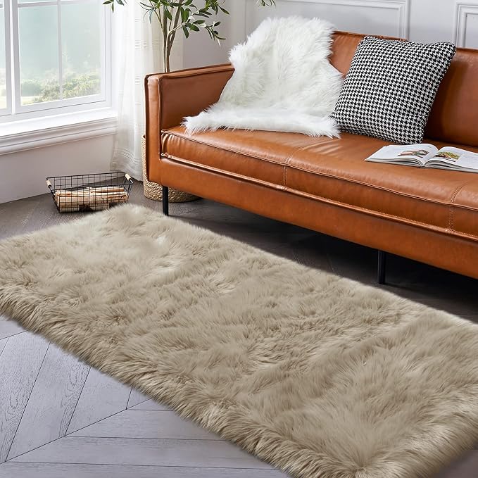 Beige Fluffy Rug for Bedroom, Soft Shag Rug for Sofa Couch Cushion, Cozy Shaggy - Image 3