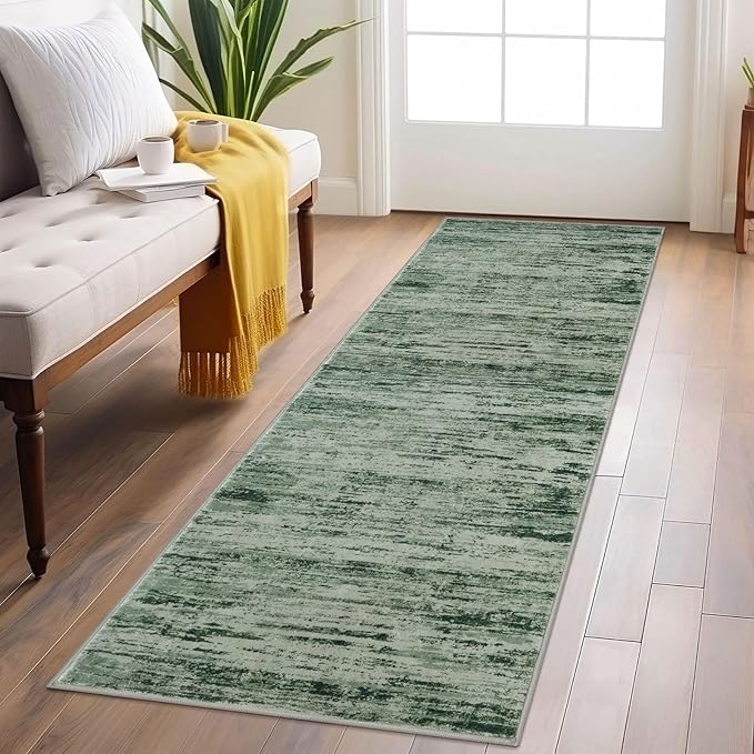 Lansny Modern Abstract Runner Rug 2x6, Forest Green Washable Kitchen Runner by lansny