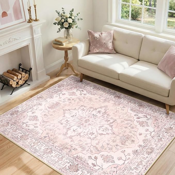 Area Rugs 4'x6' Washable Non-Slip, Floral Vintage Distress Print Pattern by RELEANY