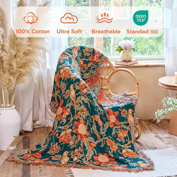 MSGKV Boho Throw Blanket for Bed Twin Size 100% Cotton Floral Bird Blanket - Image 2