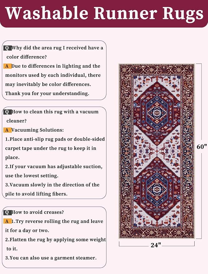 SERISSA Boho Washable Runner Rug, 2x5 Rug Runner Non-Slip Vintage Burgundy Navy - Image 6