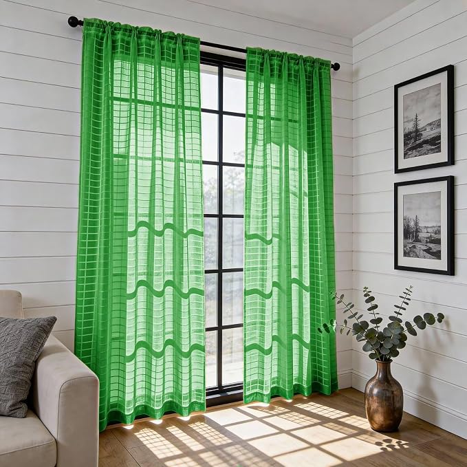 SpaceDresser Check Sheer Curtains 72 Inches 2 Panels Set, Rod Pocket Plaid - Image 4