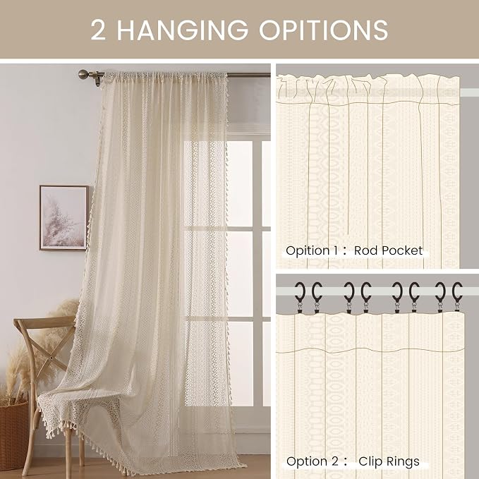 WAZZIO Boho Lace Curtains 45 Inches 2 Panel, Light Filtering Privacy Tassel & - Image 10