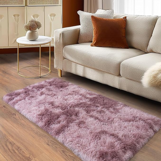 Soft Runner Rugs for Bedroom Hallways, 2x4 Tie-Dyed Grey Purple Fluffy Shag - Image 3