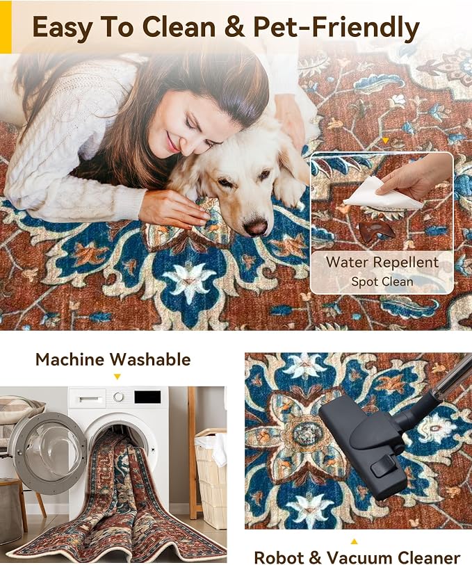 Area Rugs Round 8ft Washable Non-Slip, Floral Vintage Distress Print Pattern - Image 4