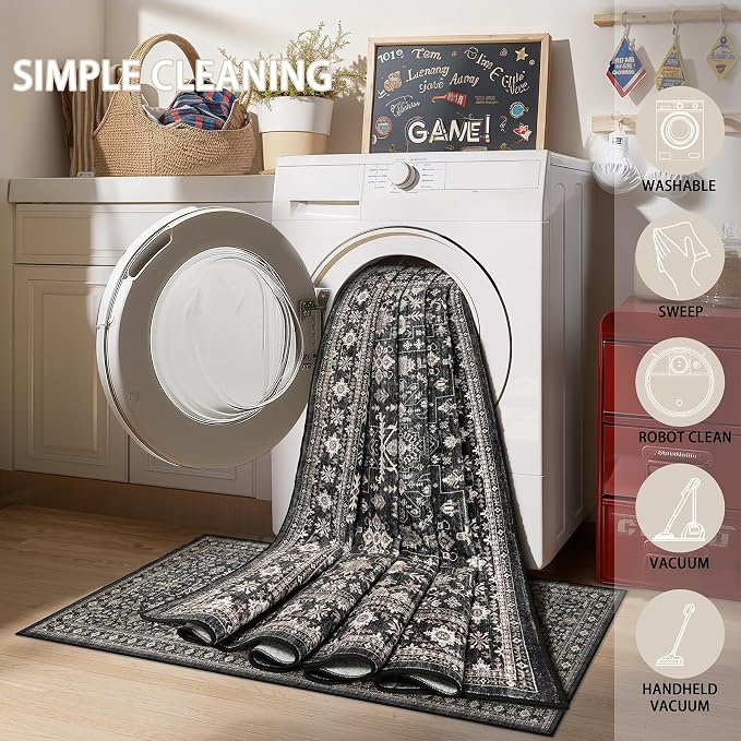 Grey Hallway Runner Rug 2x6 for Bedroom Kitchen | Low Pile; Non Slip; Stain - Image 9