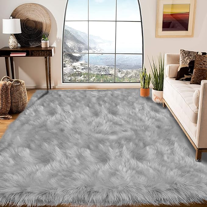 Latepis 8 x 10 Area Rugs for Living Room Grey Faux Fur Rug for Bedroom Fuzzy - Image 2