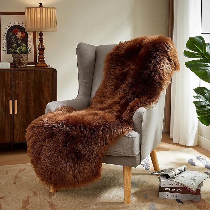 AMTOVO Faux Sheepskin Rug, Coffee Ultra Soft Fluffy Shag Area Rug, 2 x 6 ft - Image 5