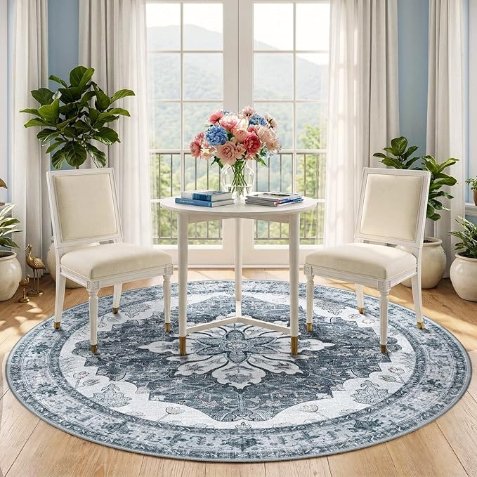 RELEANY Area Rugs 5ft Washable Non-Slip, Floral Vintage Distress Print Pattern - Image 2