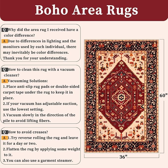 SERISSA Area Rug 3x5 Boho Rugs for Bedroom, Washable Non-Slip Living Room Rug - Image 2