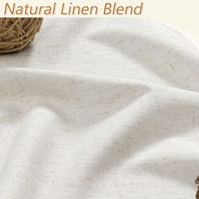 Beige White 100% Blackout Linen Curtains 102 Inch Length 2 Panels Set - Image 3