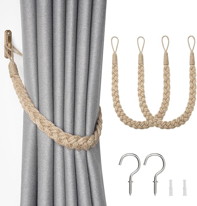 NICEEC 2 Pack Natural Jute Rope Curtain Tiebacks Elegant Boho Style Decorative by NICEEC