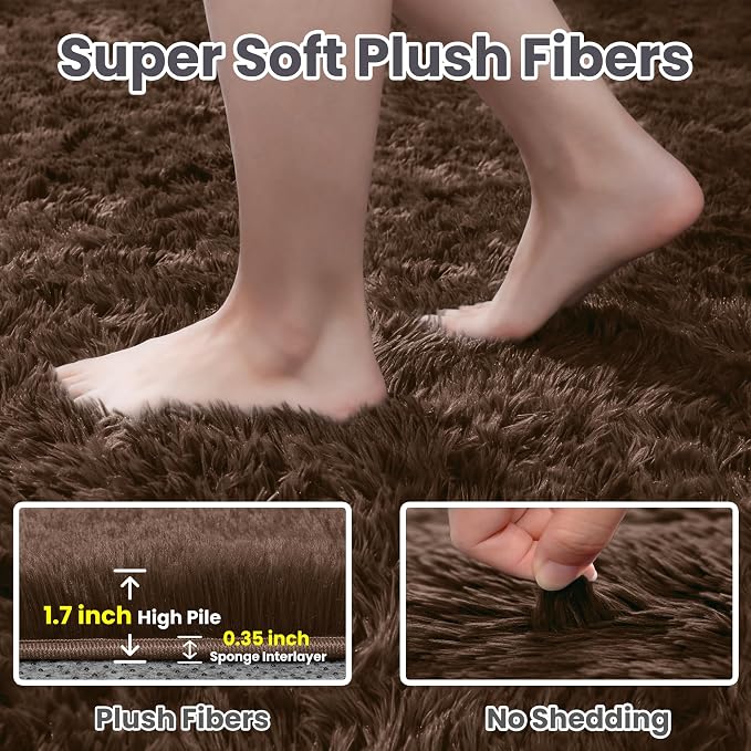 2x6 Bedside Area Rugs for Bedroom: Soft Fluffy Shag Brown Rug for Hallway - Image 5